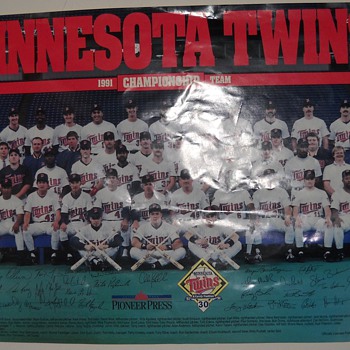 1991 World Series Champion Twins Team Poster, Twins 1987 Wheaties framed box, Warren Spahn auto., and Kirby Puckett Pennant
