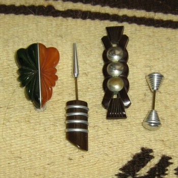 Chrome silver & bakelite clip, hatpins? and a brooch pin - Costume Jewelry