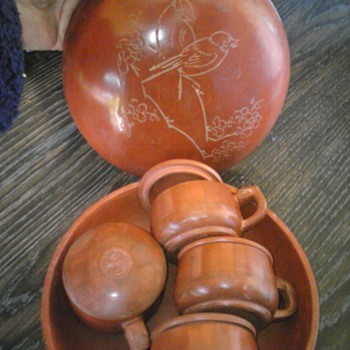 clay tea bowl with mini tea cups and lids - Asian