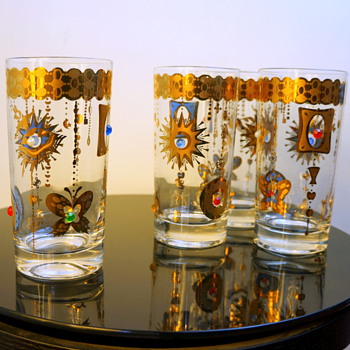 1960s Promotional Novelty Jeweled Glasses Turtle Sun Butterfly Unsigned Culver Barware