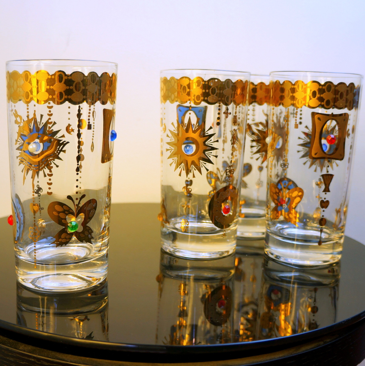 1960s Promotional Novelty Jeweled Glasses Turtle Sun Butterfly Unsigned Culver Barware ...