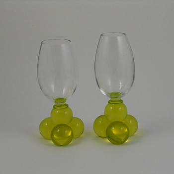 Harrach Vaseline (uranium) Glass Bubble Ball Footed Stems - Glassware