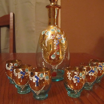 Italian Gold Gilt Decanter & (6)Glasses Oro Brillante Sticker...Turquoise Glass