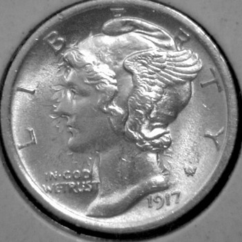 Obverse of Die Clashed 1917-P Winged Liberty Dime
