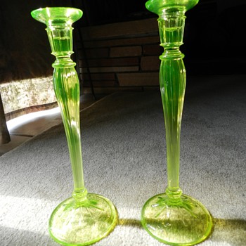 Fantastic Fenton 12" Vaseline Glass Candlesticks