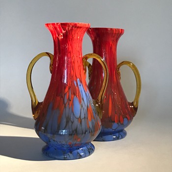 Pair of Amber Handled Czech Glass Spatter Vases - Art Glass