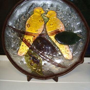 Isn't this lovely? An art glass wall plate with two birds, leaves etc. - Art Glass