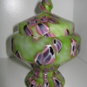 Czechoslovakia Glass coverd Candy Dish with unusual color combo by Kralik - Art Glass