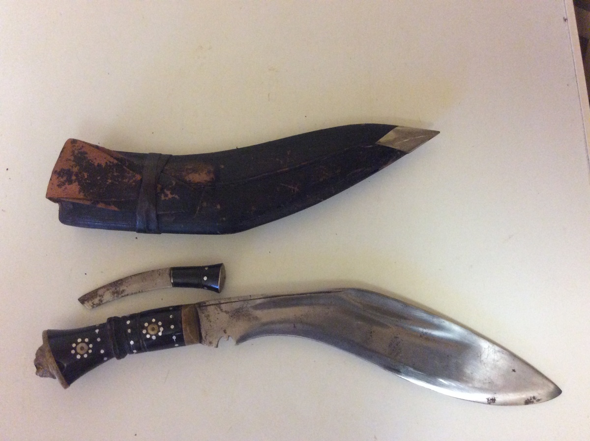 Early Nepalese 20c Gurkha Kukri military knife silver inlaid