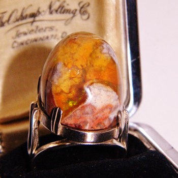 Vintage Deco Huge Mexican Fire Agate Sterling Ring 1"L x 18mm H 15mm W - Fine Jewelry