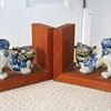 Vintage Deco Japanese Ceramic Foo Dogs Wooden Bookends 