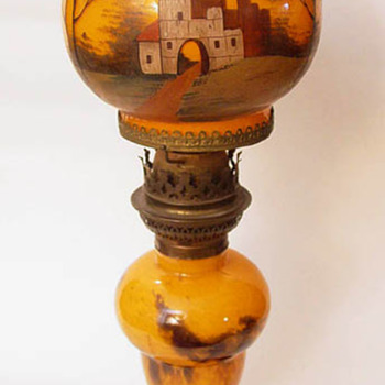 Painted Glass Globe Table Lamp Decorated with Castle Maker Unknown