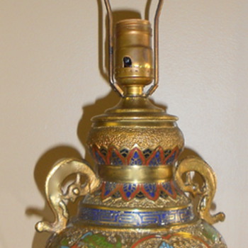 Antique Japanese Cloisonne and Champleve Brass Vase Lamp - Buddha Riding Foo Dog - Asian