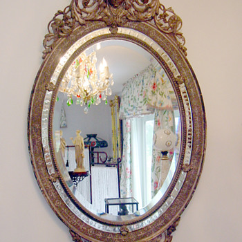 Antique Gilt Sterling Silver Oval Wall Mirror w Queen Cameo Hand Carved - Victorian Era