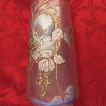 Mont Joye Chipped Ice Vase with enameled scene - Art Glass