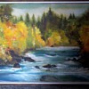 Impressionistic golden trees and blue water