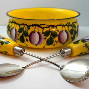 Hand painted Czech glass salad serving set, ca. 1930s - Art Glass