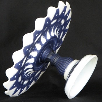 Lace Dew Drop - Milk Glass w/Cobalt Cake Stand; Phoenix Glass Company, ca.1937