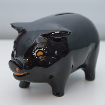 1930's Black Ceramic Piggy Bank - Art Deco