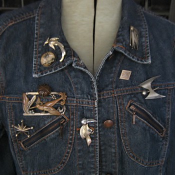 Silver, bronze, butterfly, pebble, military & other pins on jean jacket - Costume Jewelry