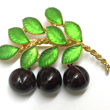 Cherry brooch with glass leaves. - Costume Jewelry