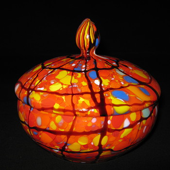 Czechoslovakia art glass covered powder dish Ruckl Orange Shimmy amethyst webb design - Art Glass