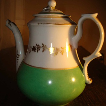 Green and White Teapot with Gilded Leaves and Trim - China and Dinnerware