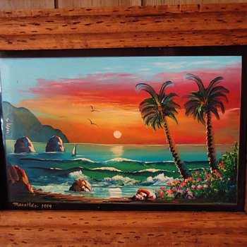 Mexico folk art- Finger Painting, Mazatlan, 1999 from thrift store $6 on glass and nice frame - Folk Art