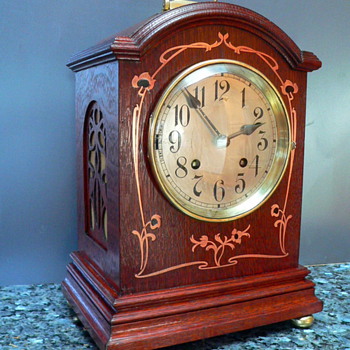 Oak Bracket Clock with Copper Art Noveau Inlay - Clocks