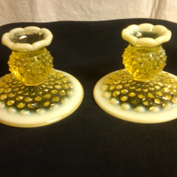 STUNNING PAIR OF FENTON TOPAZ [VASELINE] OPALESCENT HOBNAIL CANDLE HOLDERS