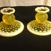STUNNING PAIR OF FENTON TOPAZ [VASELINE] OPALESCENT HOBNAIL CANDLE HOLDERS