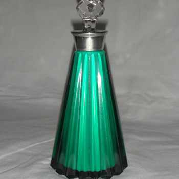 Emerald green perfume bottle (`6 inch) with cut glass stopper - Art Glass