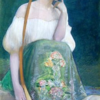 1904 Léo-Paul-Samuel Robert Symbolist Painting - Woman w/ Long-necked Lute - Art Nouveau