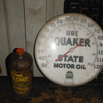 Found 11-01-13 Quaker State Thermometer & Rislone Glass Bottle - Petroliana