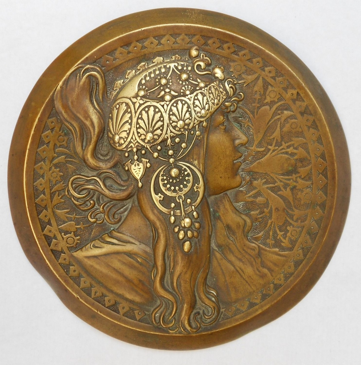 EXTRAORDINARY ANTIQUE ART NOUVEAU BRONZE LADY WALL PLAQUE by Mucha