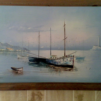 Cove scene with lighthouse and ship 