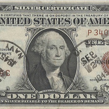 HAWAII ONE DOLLAR BILL STAMPED ON USS MISSOURI  ARMISTICE DAY SEPTEMBER 2nd 1945 - US Paper Money