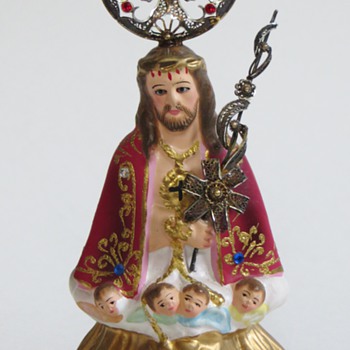 Painted and bejeweled Jesus Statue~Inset Eyes, Beautiful Silver Halo - Figurines