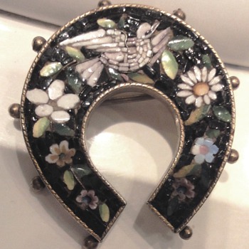 Micro Mosaic Vermeil Horse Shoe Dove Flower Brooch - Fine Jewelry