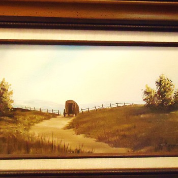 Jackie Morgan Wagon oil painting and one of her great grand daughters on Russian River
