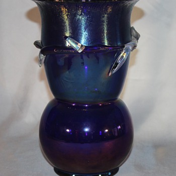 Large Oilspot Blue Vase with Clear Applications - Art Glass