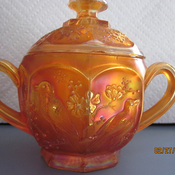 Northwood covered bowl. Birds and butterflys and flowers adorn it. - Glassware