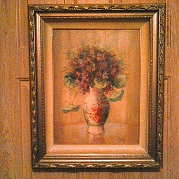 Reframed Martin Rettig "Violets" /Original Frame Within New Gilt Wood Frame/ 17" x 21" / Circa 20th Century - Visual Art