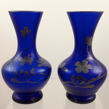 Carl Goldberg satin glass bud vases with silver deposit, ca. 1900 - Art Glass