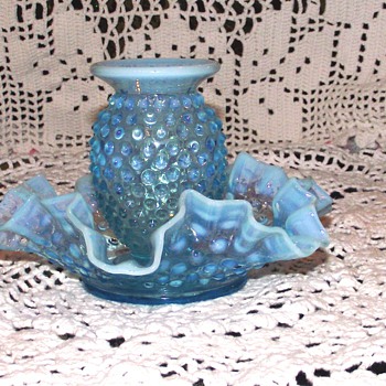 Fenton Blue Opalescent Hobnail Dish & Vase - Glassware