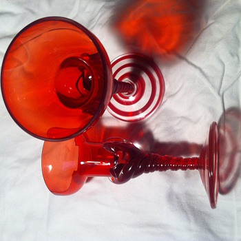 Red Spiral Art Glass Candlestick Holders - Art Glass