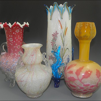 Group of Four Art Nouveau Victorian Vases - All Harrach I Believe - Art Glass