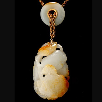 Carved Jadeite, 14K Yellow Gold Pendant-Necklace - Asian