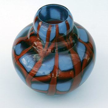 Kralik Blue and Red Webbed Vase - Art Glass