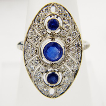Antique Nouveau Diamond Ceylon Sapphire Platinum Dinner Ring 27mm x 15mm - Fine Jewelry